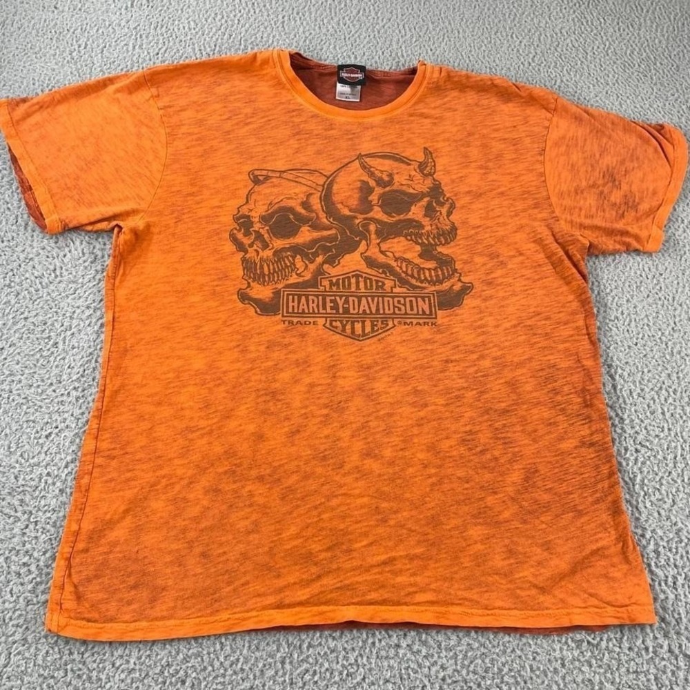 Harley Davidson Skull Graphic Streetwear Orange T Shirt Size XL Y2K 2000s